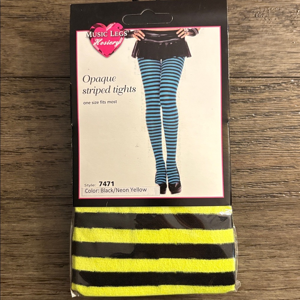 NWT [Music Legs] Black/Neon Yellow Opaque Striped Tights Nylons Hosiery Women’s - Picture 3 of 7